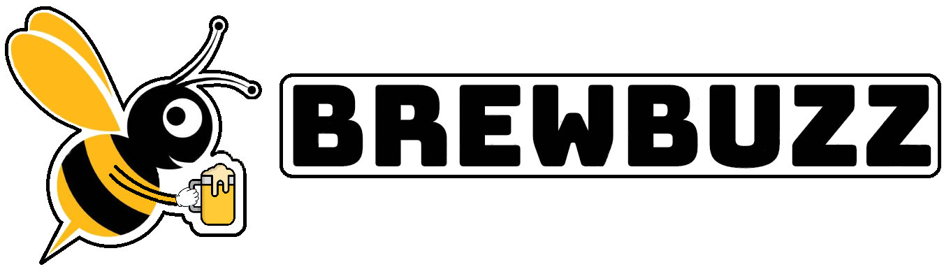 Brew Buzz logo, bumblebee holding frothy beer and the words brew buzz to the right